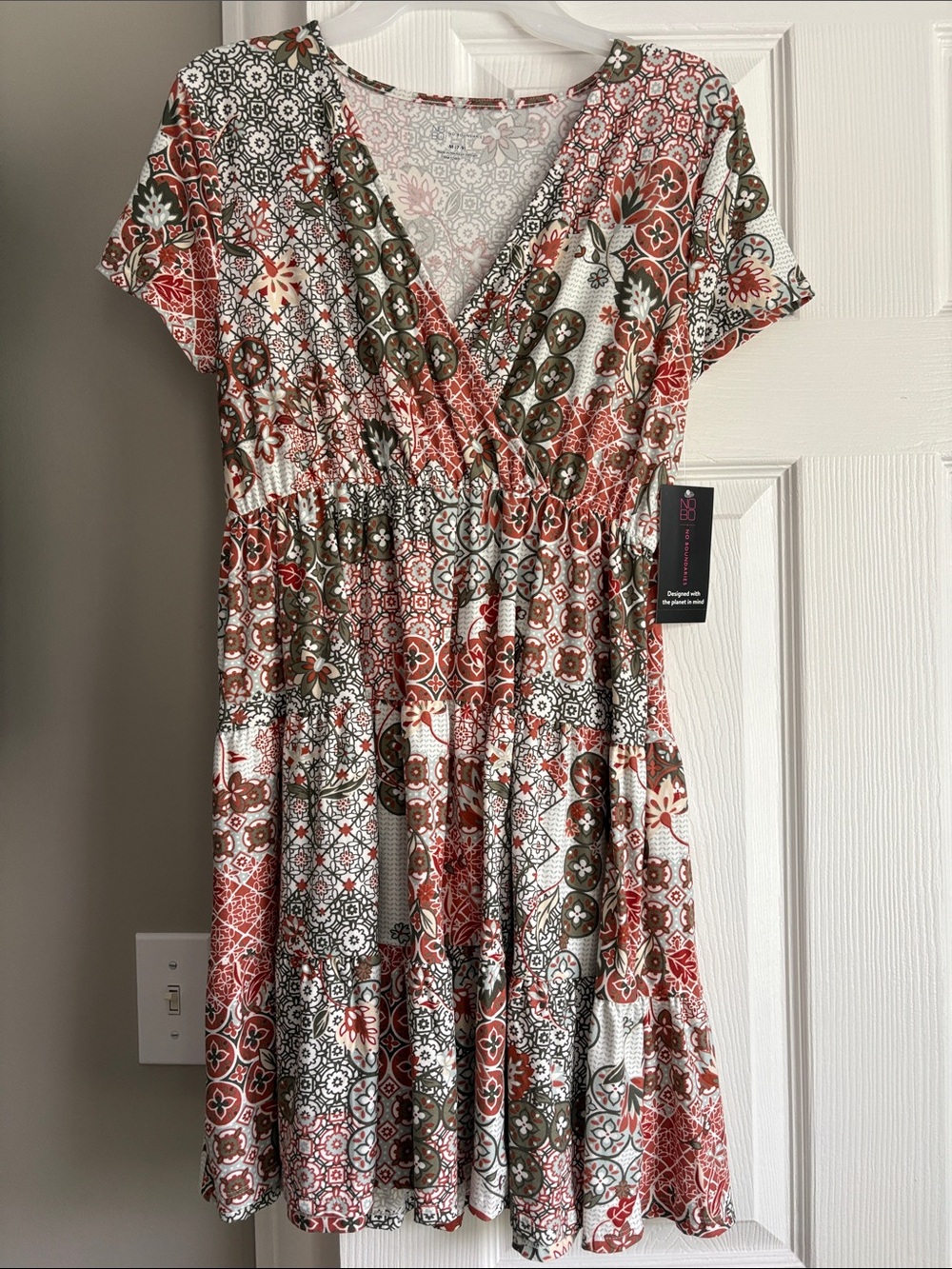 No Boundaries Rust, Olive & White Printed V-Neck Dress